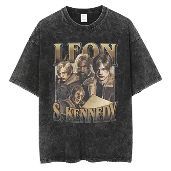 Vintage Yıkanmış Leon S Kennedy Yerleşik Evil 4 T Gömlek erkek Gotik Punk Kısa Kollu T-Shirt Moda Harajuku Büyük Boy T-shirt