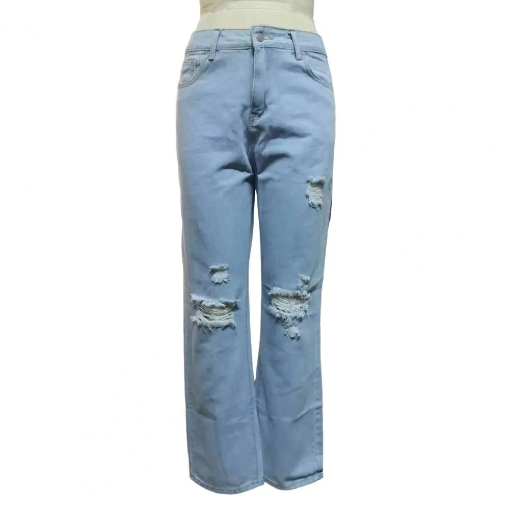 

Autumn Wear Denim Trousers Stylish Women's High Waist Wide Leg Denim Pants with Ripped Holes Button Closure Pockets for Commute