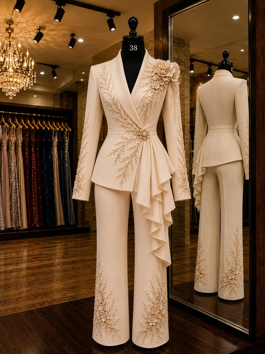 Women's Dresses Suit Gowns Flower Appliques Lace One Button Jacket Coat And Pants For Female Satin 2-Piece-Suit Customized W7295