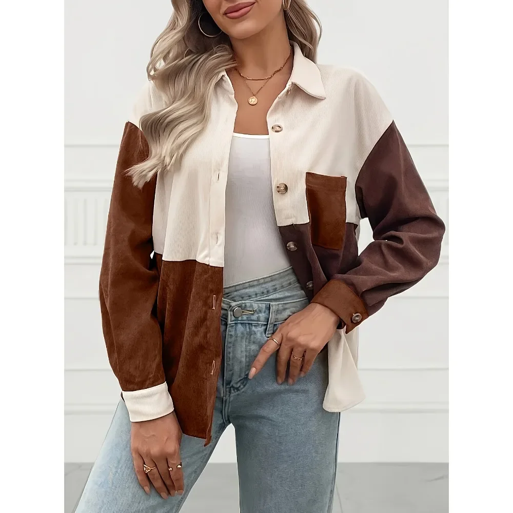 Plus Size 1XL-5XL New Summer Women's Color-Block Pocket Shirt With Lapel Collar Ladies Casual Long Sleeves Blouse Shirt Top