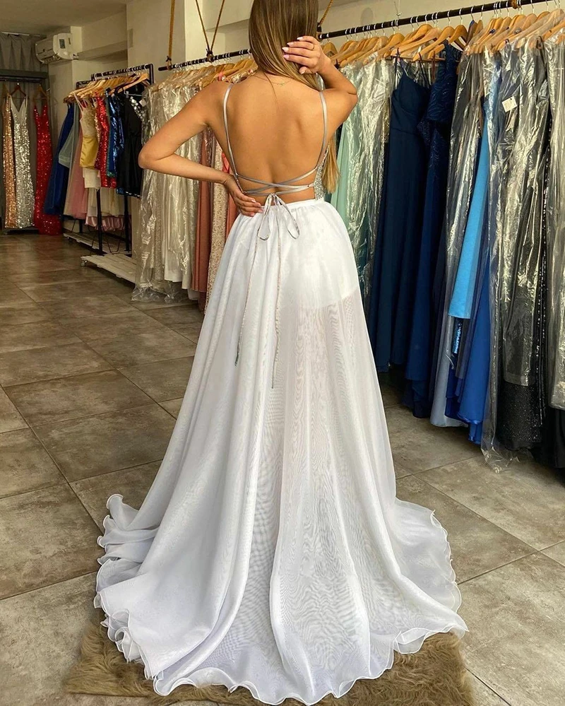 Vestido de fiesta blanco Sexy para mujer, vestido de fiesta con abertura lateral, línea A, Espalda descubierta, largo hasta el suelo