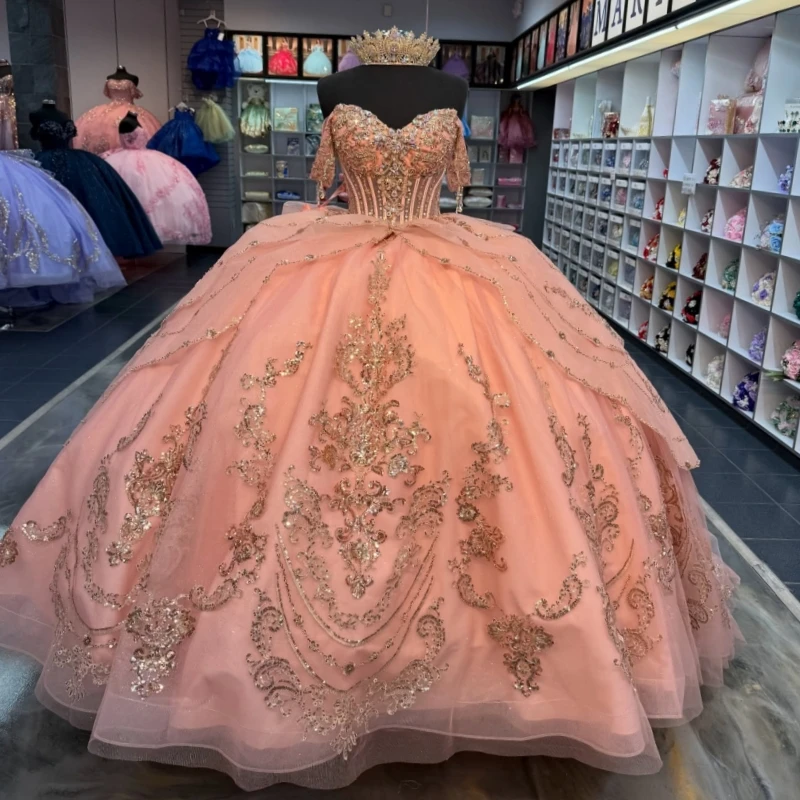 

Pink Quinceanera Dresses Gold Applique Lace Beading Crystal Bow Tull Princess Off The Shoulder Sweet 16 Dress Vestidos 15 De