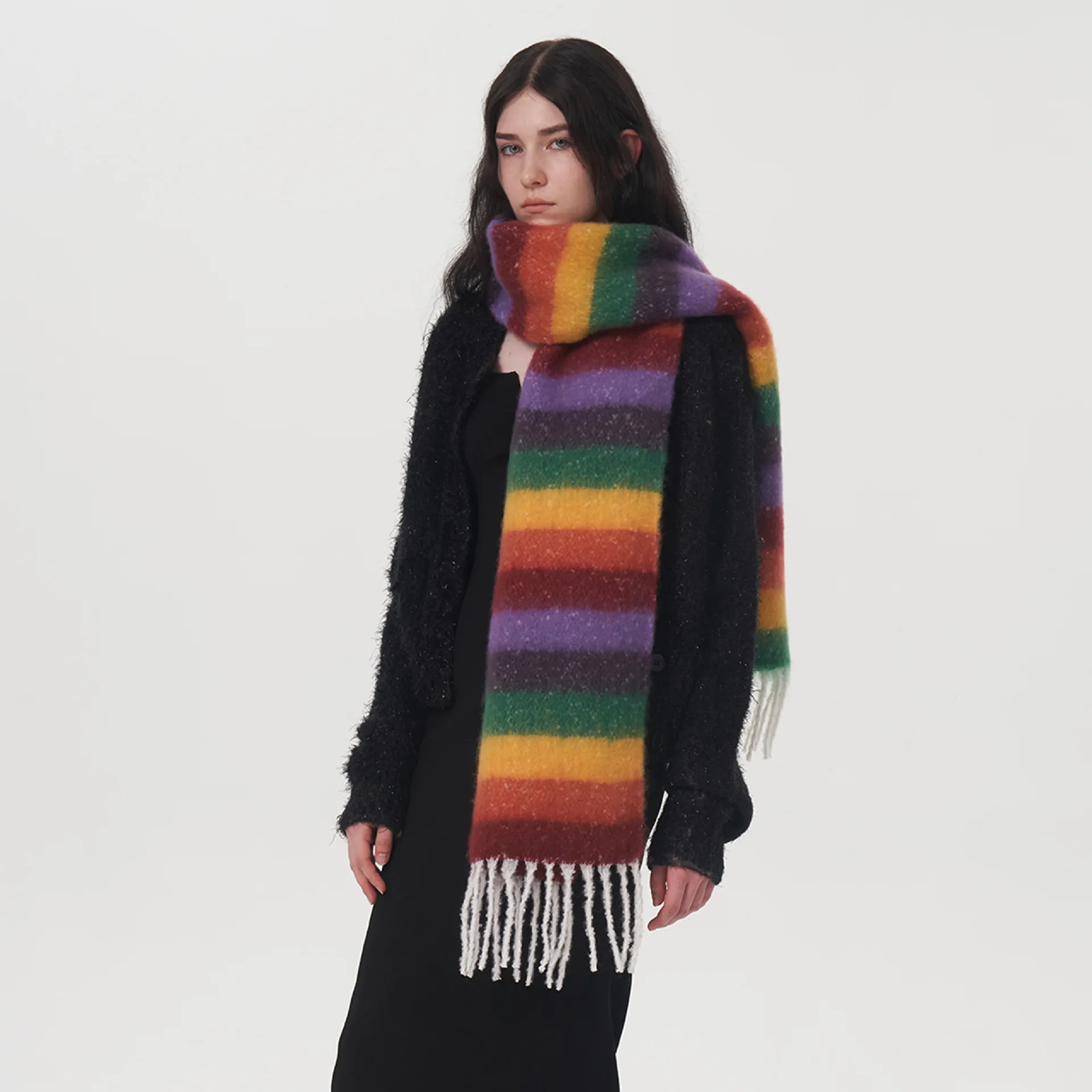 Novelty Rainbow Striped Long Shawl Wrap Women Cashmere Scarf  Winter Thick Warm Female Bandana Pashmina Tassel Travel Blanket