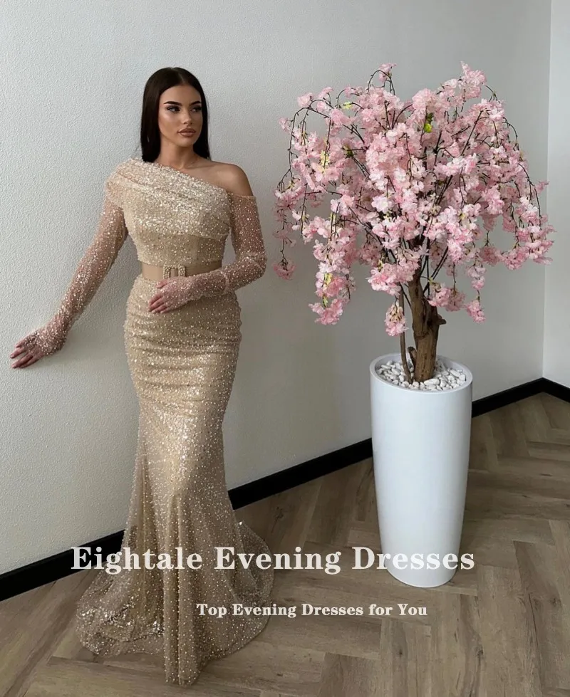 Eightale Luxury Evening Dresses Sequined One Shoulder Champagne Customized Belt Mermaid Prom Gown Wedding Party Dress image 3