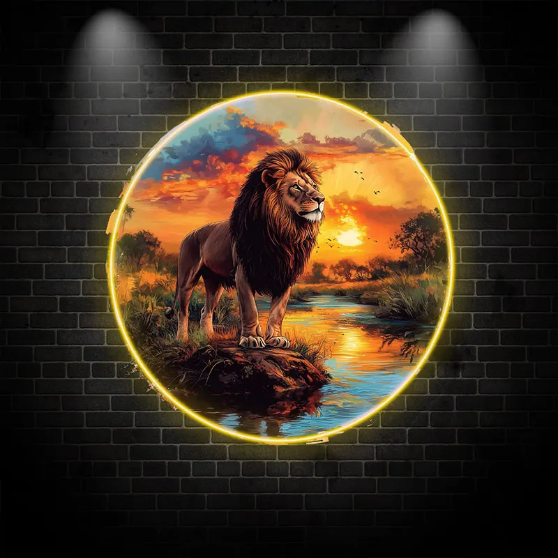 Majestic Lion Art Neon Sign, Wildlife LED Wall Art for Home Decor, Safari Themed Room, Stunning Sunset African Lion Scene Gift