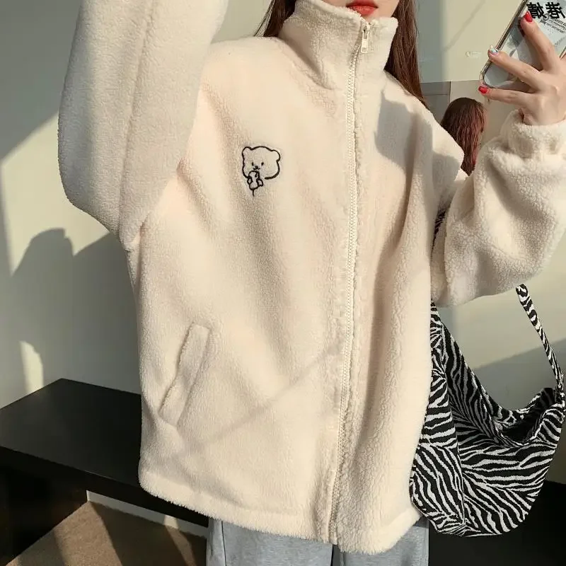 

Sweatshirt Woman New Loose Zipper Hoodie Lazy Wind Jacket Embroidery Versatile Cute Bear Plush Lambswool Winter Clothes Women