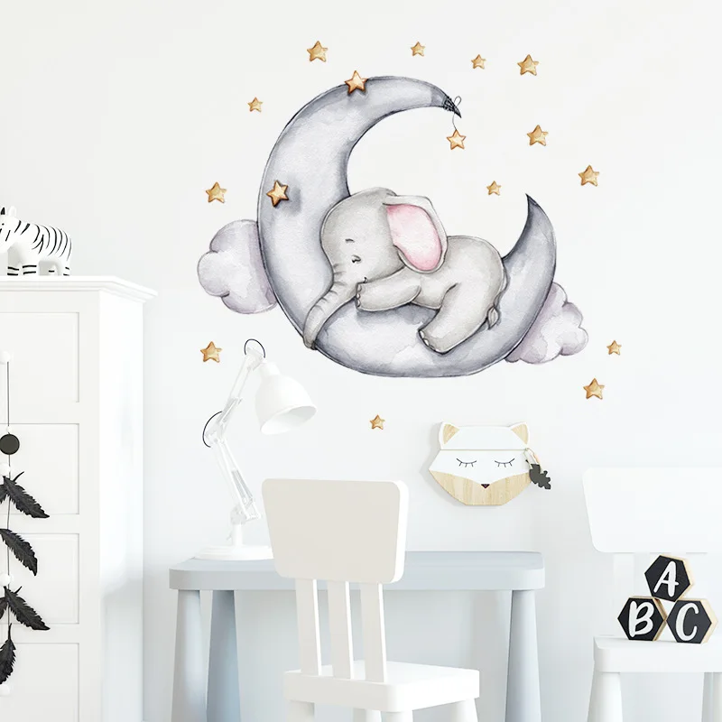 Cartoon Animal Wall Decals Bunny Elephant Moon Wall Stickers for Baby Boy Bedroom Baby Girl Room Decoration Kids Room Wallpaper