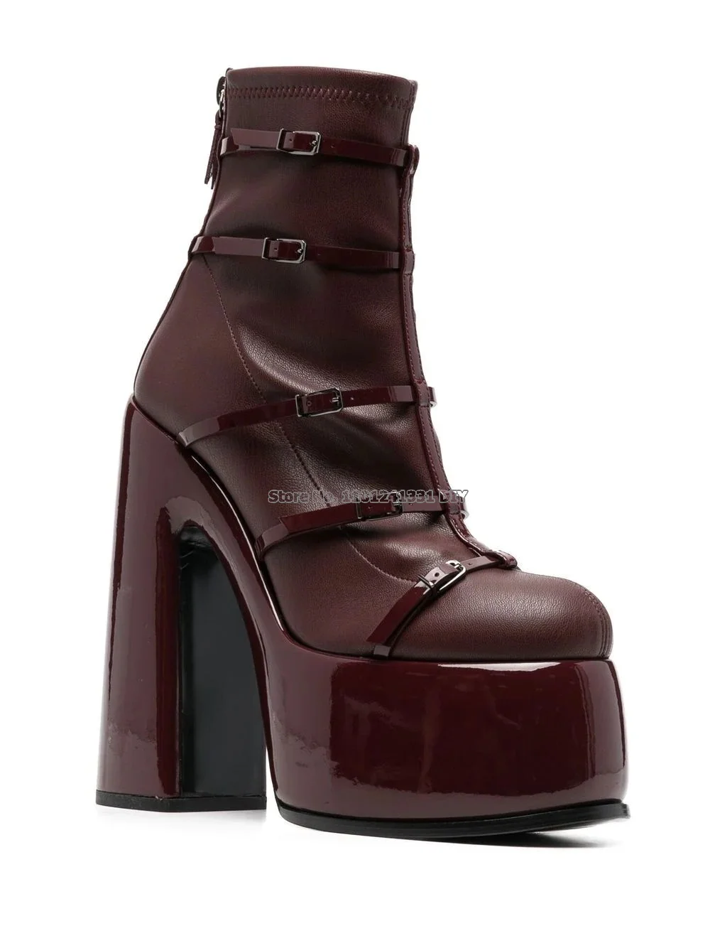 

Wine Red Black Leather Thick Platform High Heeled Boots Women Pants Style Buckle Strap Short Boots Slip On Party Shoes