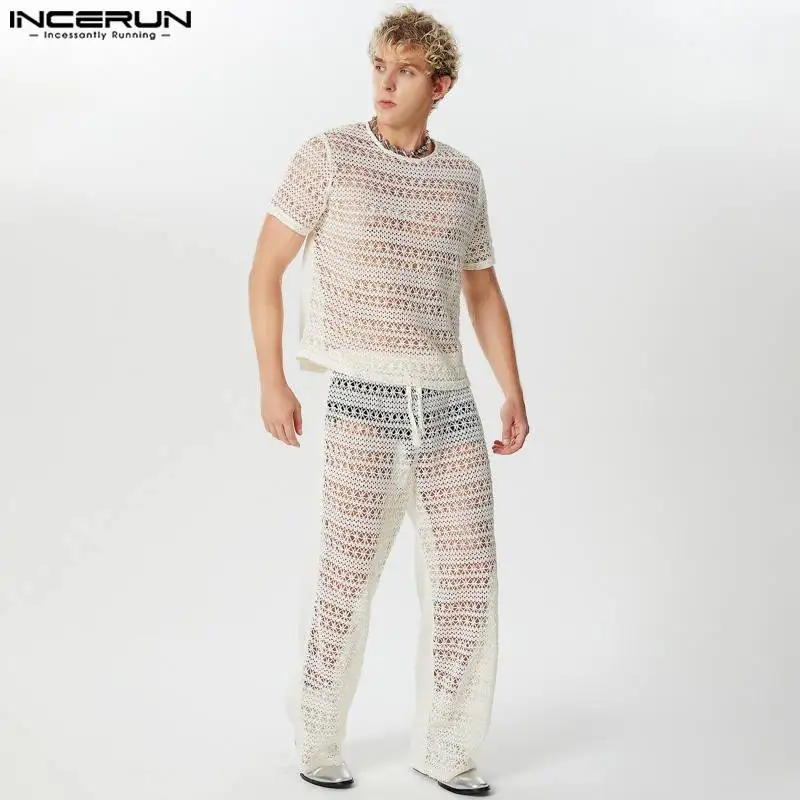 INCERUN-Conjunto de dos piezas para hombre, camiseta y pantalones de manga corta con cuello redondo y encaje transparente, ropa de calle Sexy a la moda, 2024