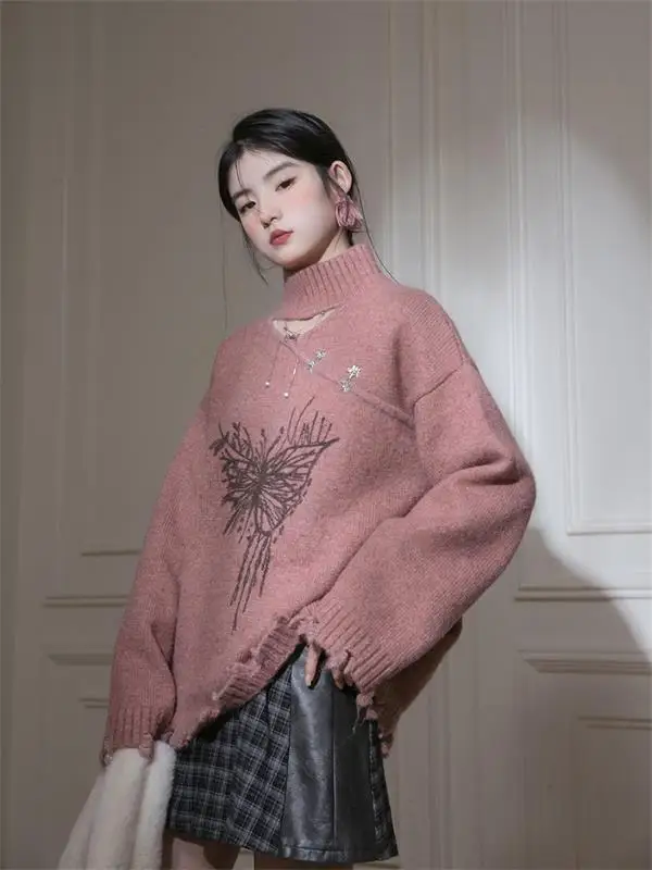 

Korea Sweaters Half High Neck Long Sleeve Pink Sweater Printed Thick Winter Loose Pullovers Chic Young Lady Female Tops