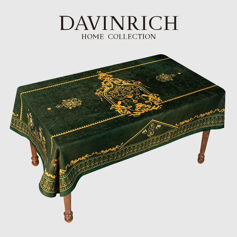 DAVINRICH European Palace Style Table Cloth Cover Gold Damask Floral Print Romantic Tabletop Fabric Luxury Tablecloth Dark Green