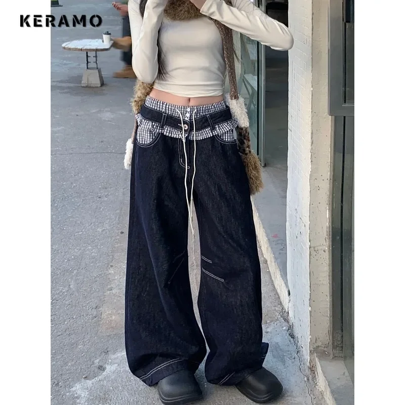 Women Casual Retro Plaid Patchwork Lace-up Denim Trouser Harajuku Loose Jeans 2025 Winter Solid High Waist Y2K 2000s Blue Pants