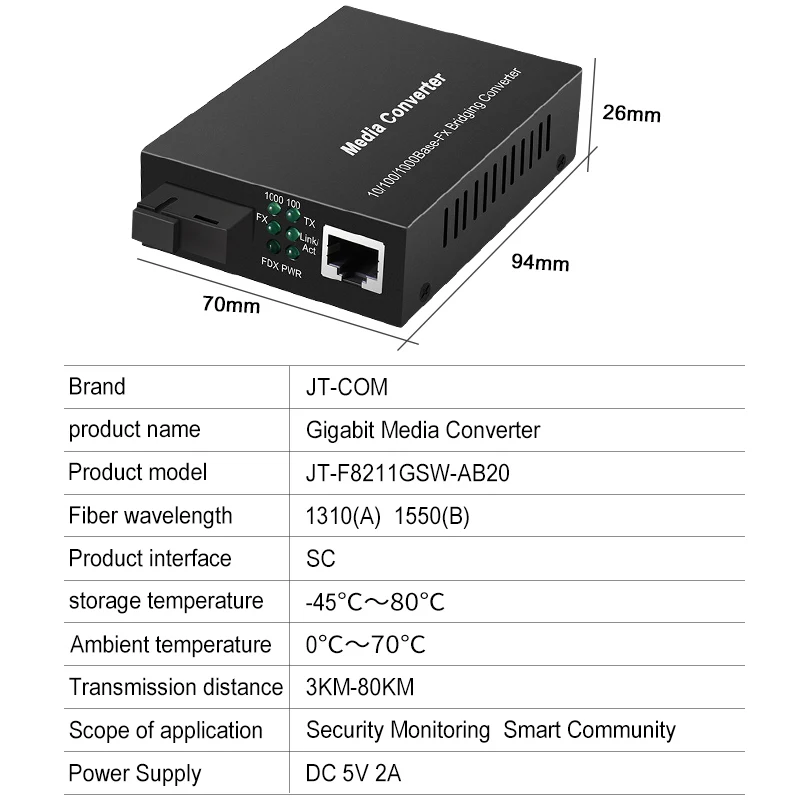 

Gigabit SFP Media Converter, 5-12V Wide Voltage, Single Mode Single Fiber 3/20/40km, SC Port, for RJ45 Ethernet Switch Extender