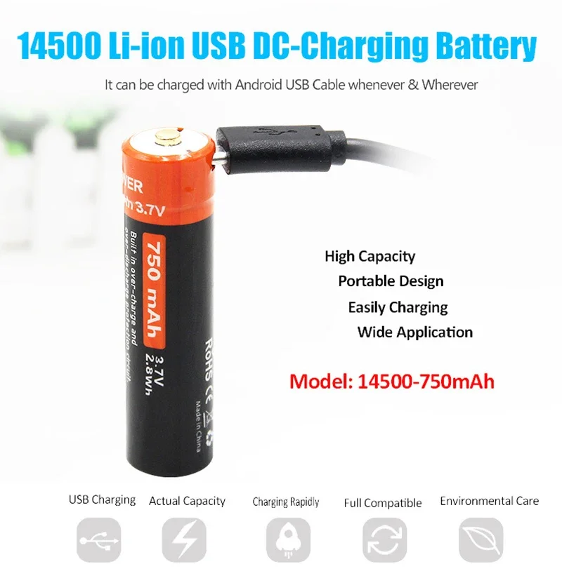 

1-12pcs 3.7V 14500 USB Battery 900mAh 3.7v rechargeable li ion Batteries led flashlight Flat Top Battery 14mm*50mm