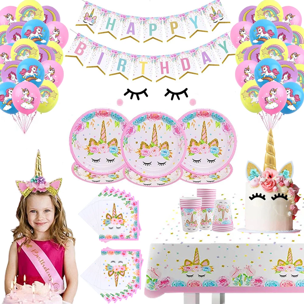 Unicorn Birthday Decoration Tableware Plates Napkins Cups Foil Number Balloons Set Girls Rainbow Unicorn Party Decors Supplies view 6