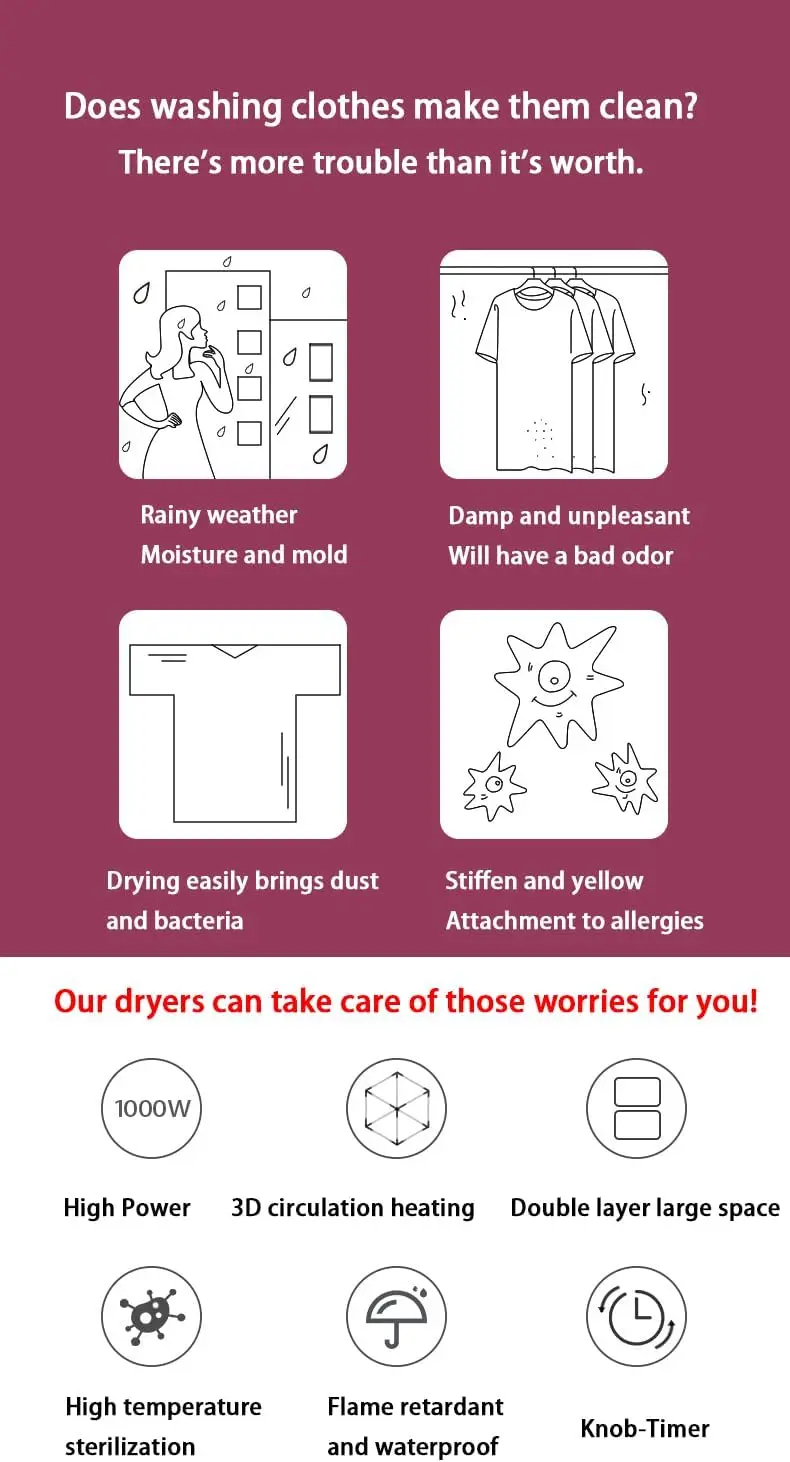 مجفف ملابس محمول 1000 واط، مجفف كهربائي صغير للشقة، RV، السفر (قابس الولايات المتحدة)