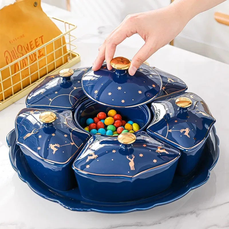 Candy plate rotating household ceramic grid living room coffee table dried fruit box snack nut candy placement