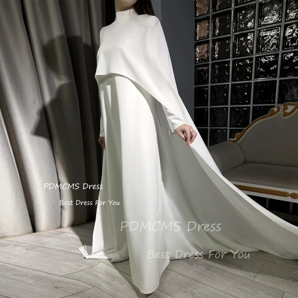 

Elegant White Muslim Wedding Party Dresses Formal Prom Gowns Cape High Neck Beach Bridal Arabic Bespoke Homecoming Evening Dress