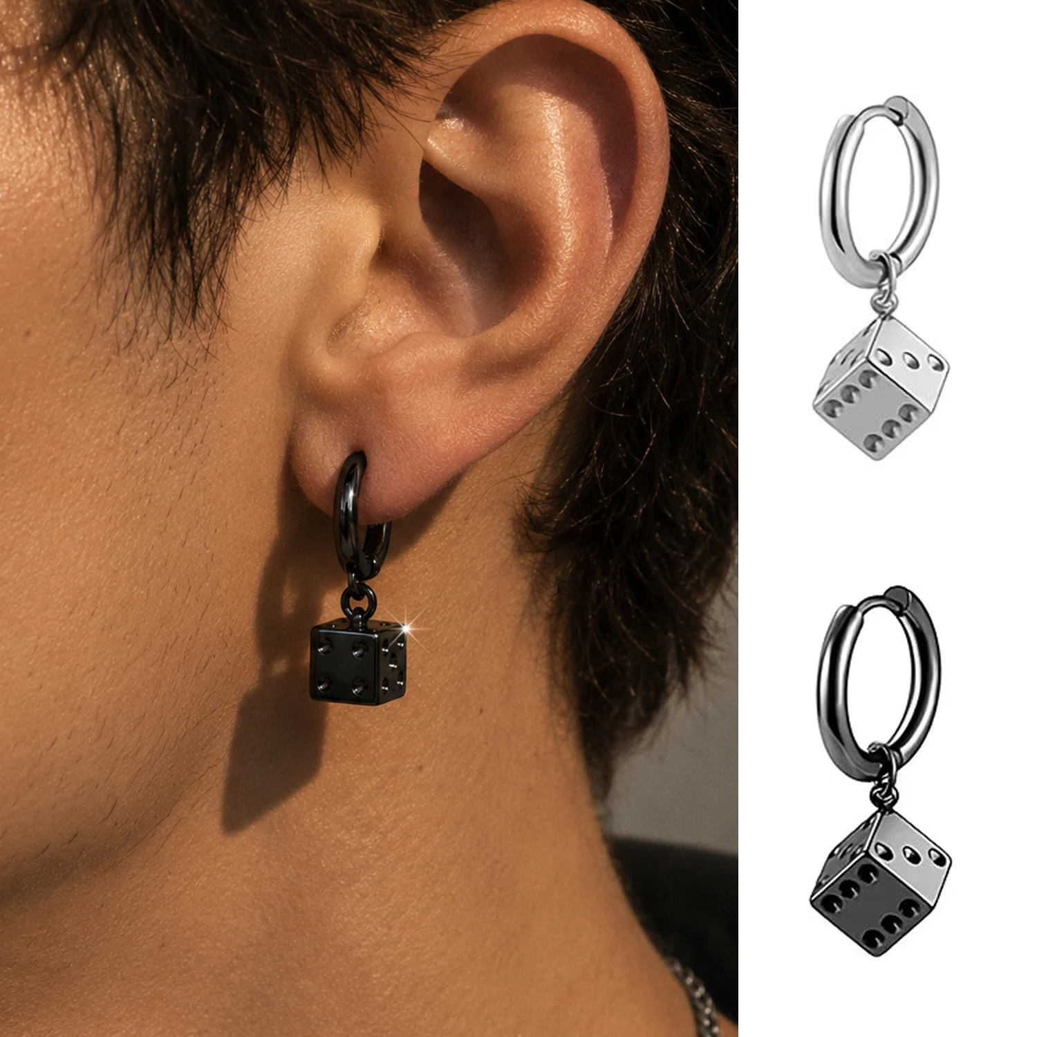 Set of 2 Stylish Retro 316 Stainless Steel Dice Pendant Earrings for Men And Women, Perfect for Everyday Wear, Travel Activities