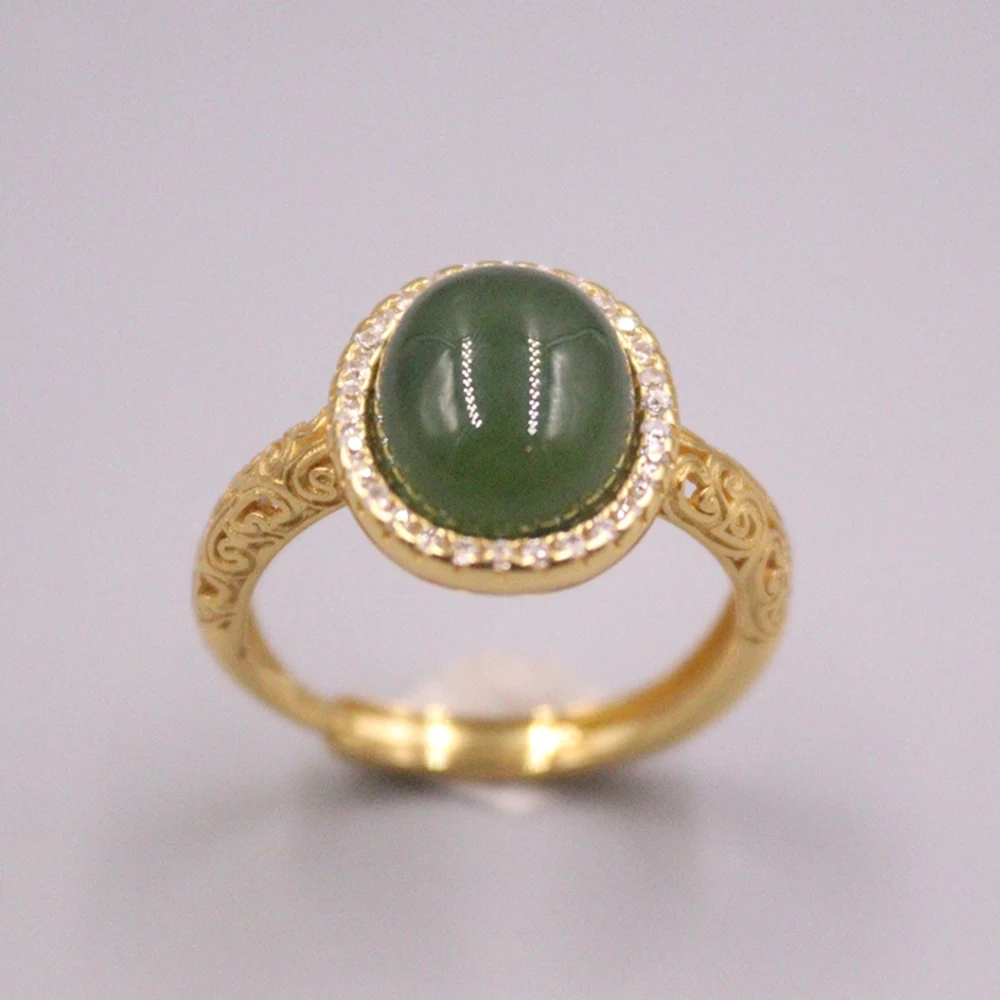 

Real Solid 925 Sterling Silver Band Natural Jade Jasper Zircon Lace Pattern Women Ring