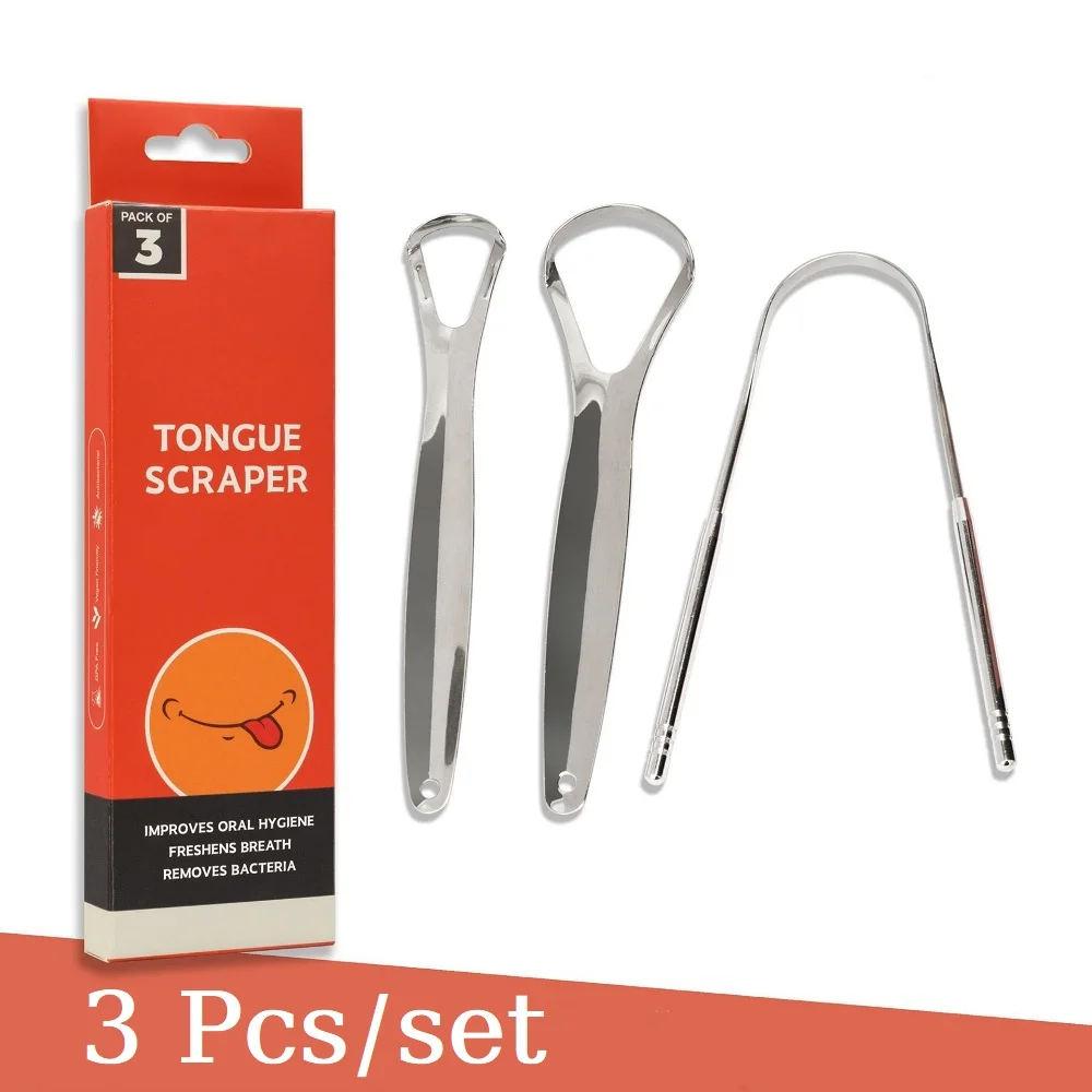 3 Pcs/set Metal Tongue Scraper for Adults & Kids Stainless Steel Tongue Cleaner Brush for Fresh Breath Cleaning Coated Tongue