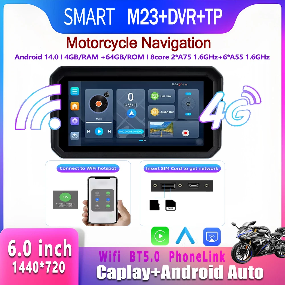 SMART Android 14.0 Wireless Podofo 6 CarPlay Motorcycle Auto 6' Portable Digital Dashboard GPS Motorcycle Navigation Screen