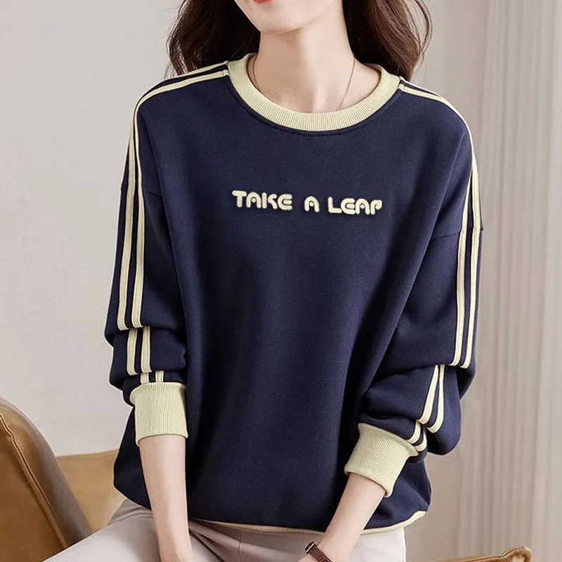 New Spring and Autumn Fashion Splice Letter Embroidery Foreigner Versatile Loose Round Neck Casual Women\'s Long Sleeve Sweater