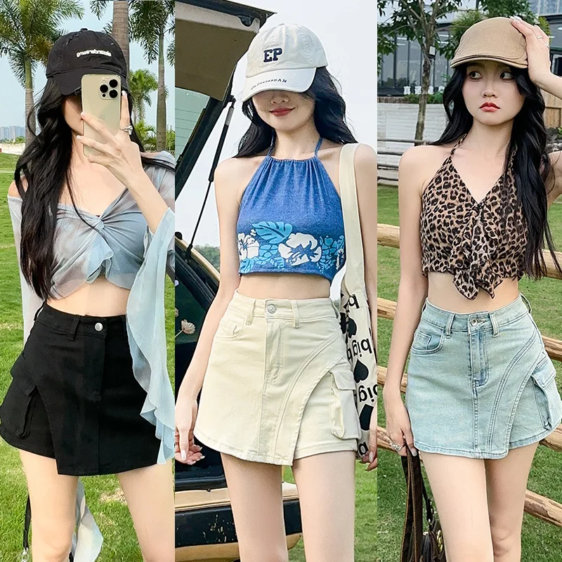 

Denim Skirt Women's New Half-Body Skirt Summer Work A-Line Skirt High-Waisted Stretchy Pint-Sized Skirt Pants Short Pants
