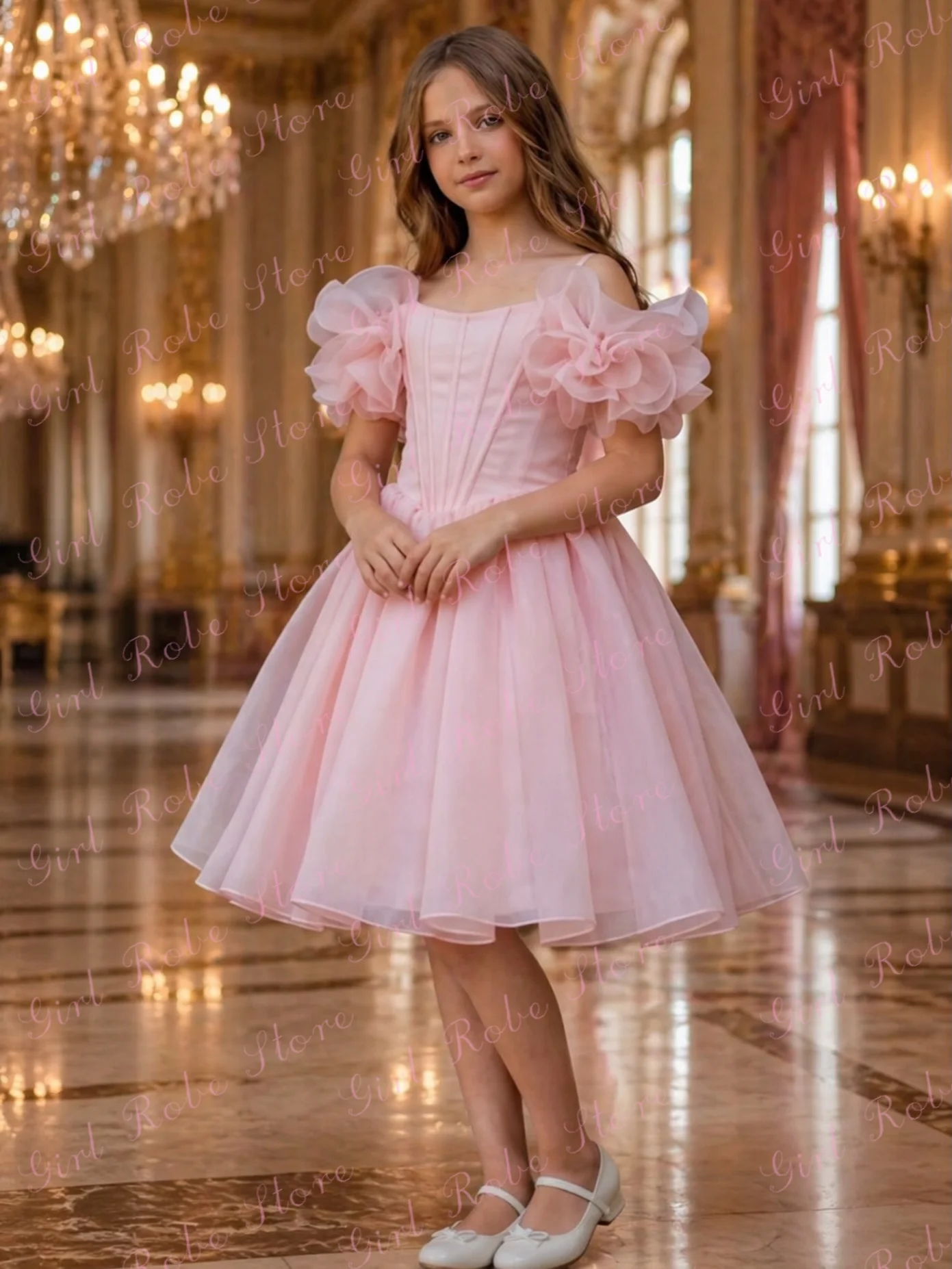 Pink Flower Girl Dress For Wedding Tulle Off Shoulder Knee Length Strap Kids Birthday Party Evening Banquet Ball Gown Customized
