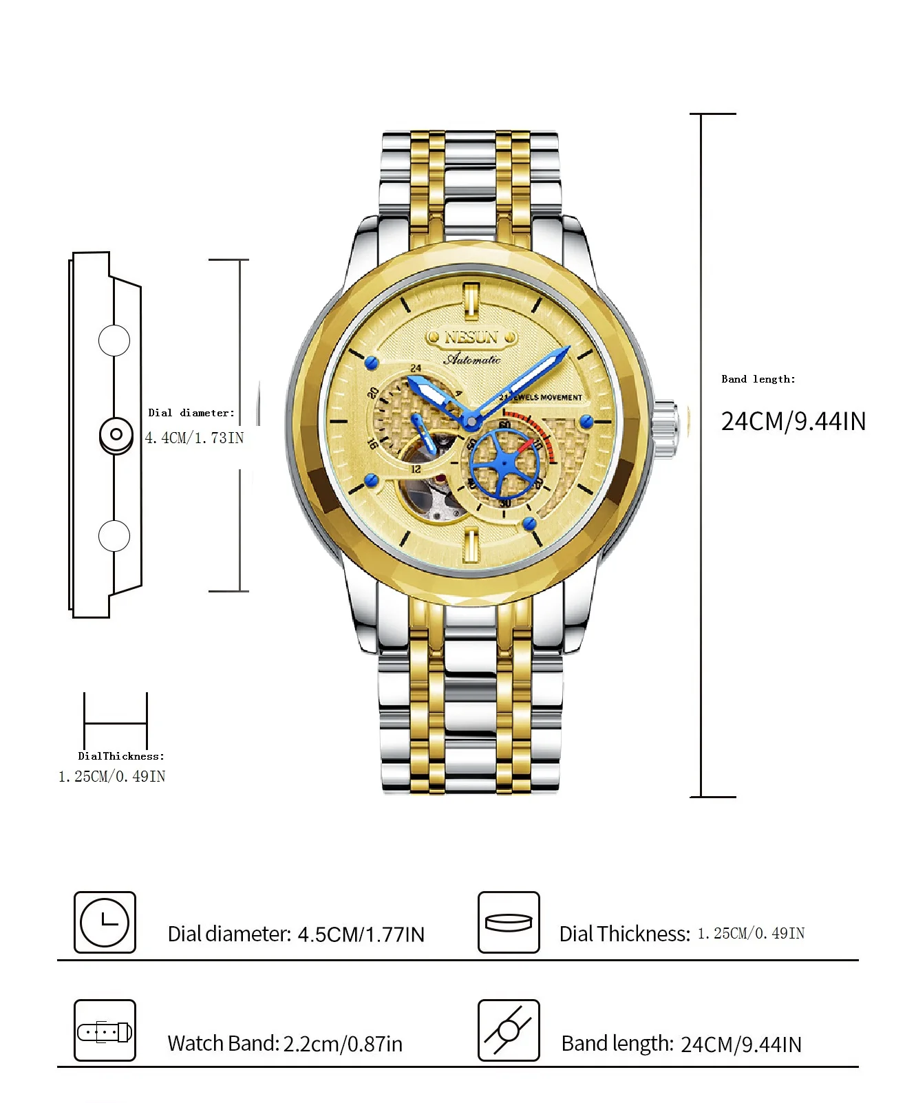 ساعة NESUN للرجال: ساعة ميكانيكية أوتوماتيكية بالكامل للرجال مع دولاب الموازنة الهيكلية وساعة رجالية كاجوال مضيئة 9810
