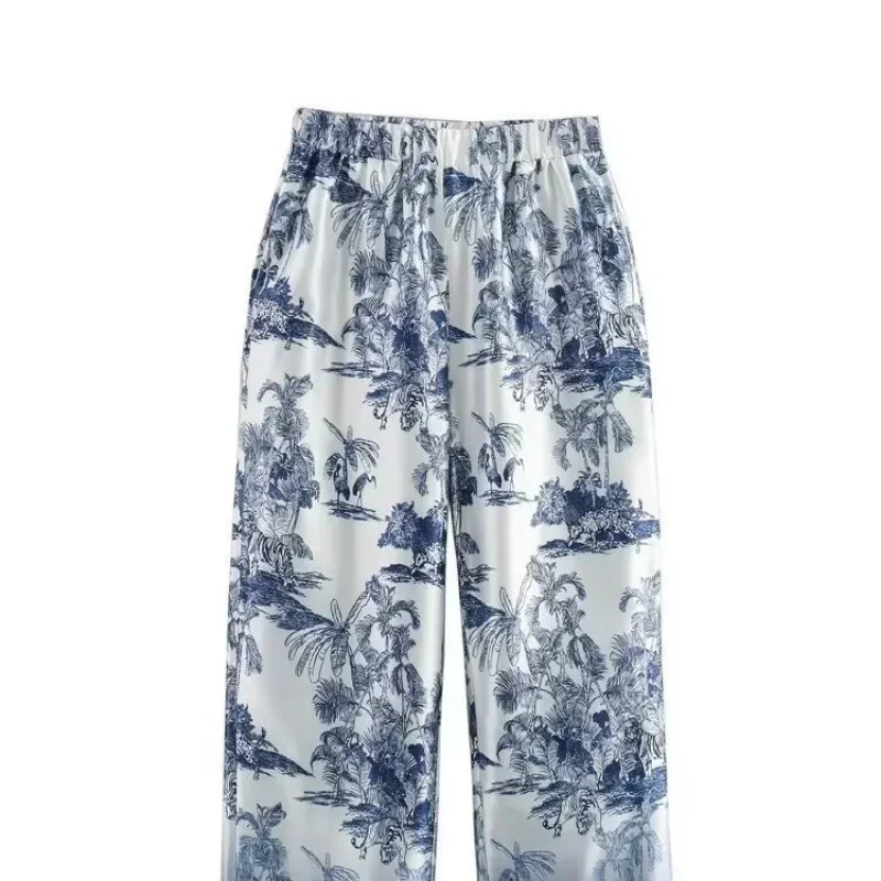 بدلات مكتبية من قطعتين للسيدات ، قميص مطبوع بطية صدر ، أطقم سراويل فضفاضة ، توب بأكمام طويلة ، بنطال بساق واسعة ، موضة أنيقة ، كاجوال ،