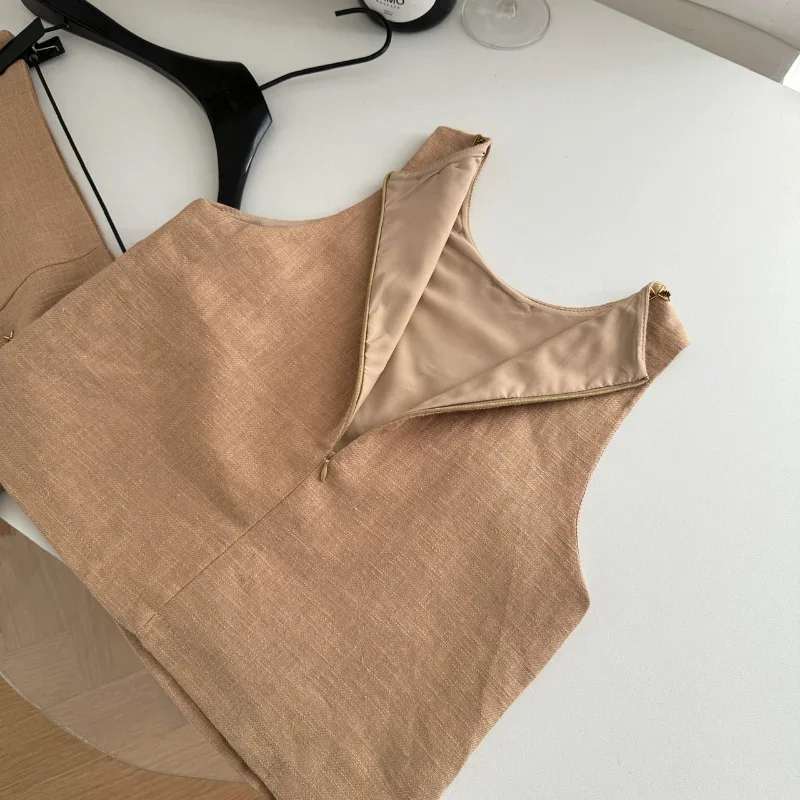 女性用ノースリーブカーキスーツセット,ベスト,ミニスカート,シンプル,シック,ビーズ,フレンチ,ソフト,フレンチ,2ピース,韓国