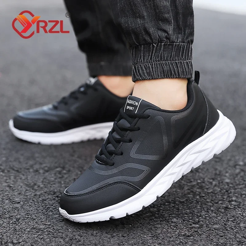 YRZL Black Running Shoes Leather Waterproof Athletic Sneakers Men Wear-resistant Men Walking Sport Shoes Comfortable Men Shoes