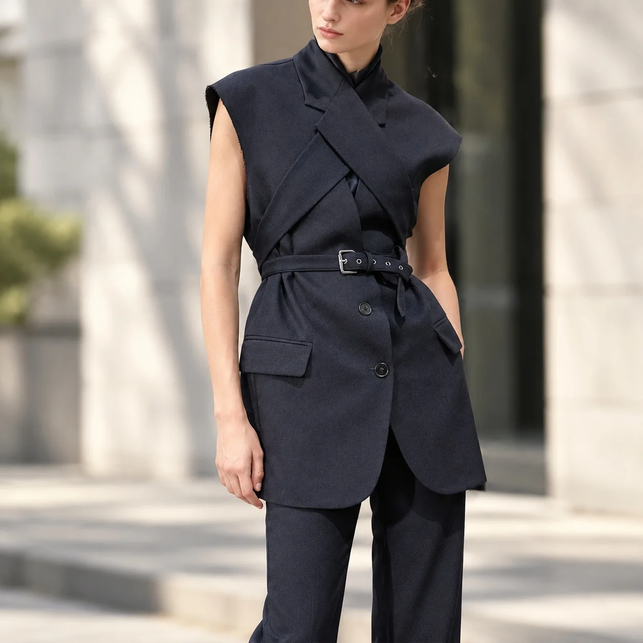 Sleeveless Turn Down Collar Hat with No Sleeve Lapel Collar Belt Regular Fit Japanese Style Elegant Jacket Women Autumn Jacket