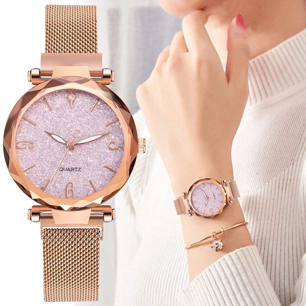 Women Watch  Top Brand Luxury Magnetic Starry Sky Lady Wristwatch Mesh Female Clock Rose Gold Relogio Feminino