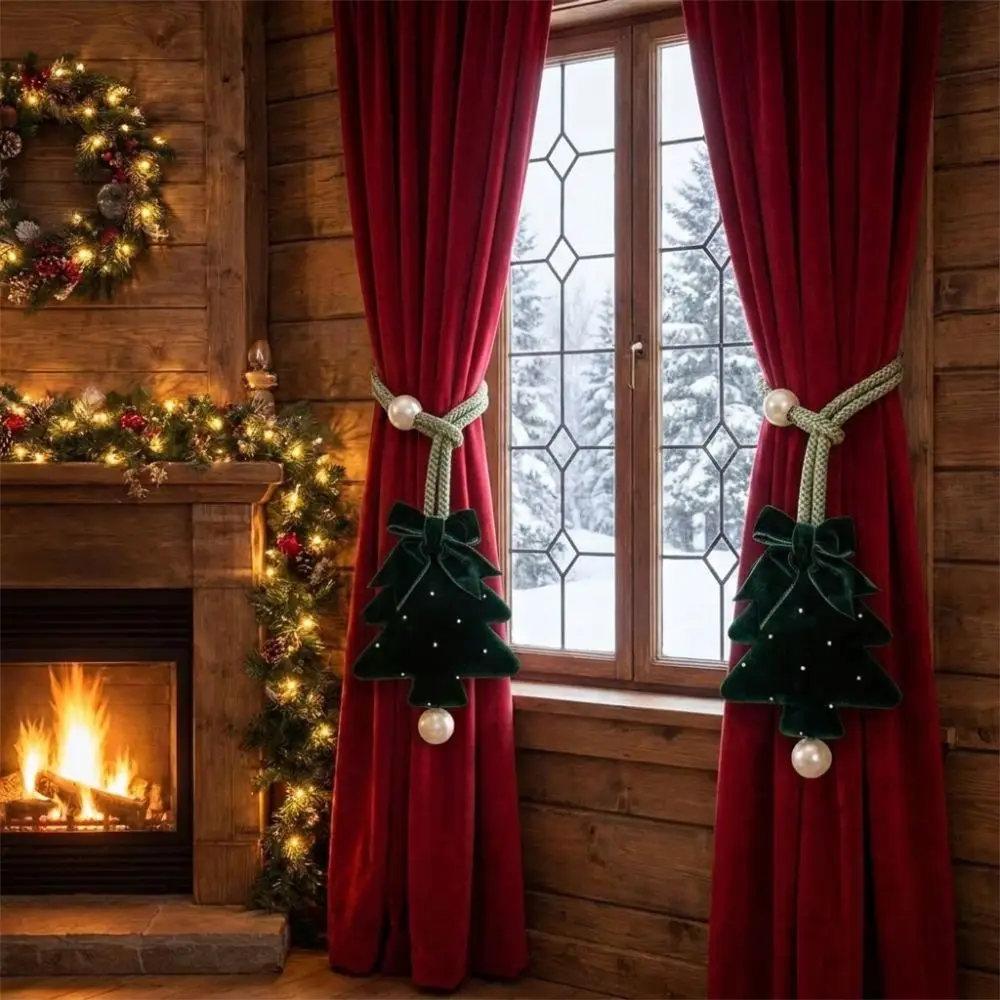2Pcs Adjustable Christmas Tree Curtain Tieback Braided Cord Pearl Bow Holiday Fabric Curtain Holder Shape-Retentive