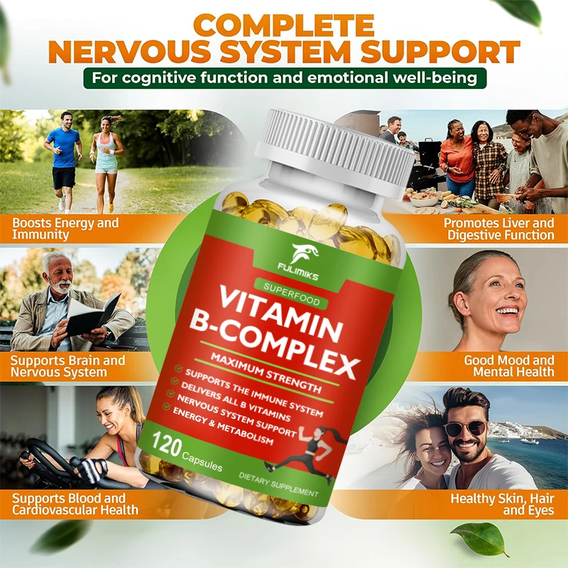 مكملات فيتامين B-complex (B12 B1 B2 B3 B5 B6 B9 حمض الفوليك والبيوتين) لتخفيف التوتر والمزاج وكبسولة دعم الجهاز المناعي