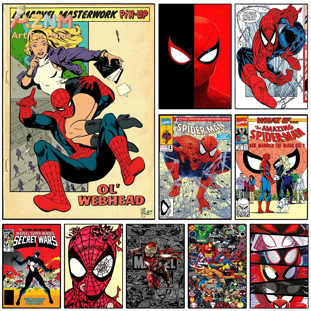 AZNM Vintage Spider‑Man Rescues Girl Retro Comic Pin‑Up Canvas Wall Print, Classic Superhero Comic Book Cover Art Poster, Unfr