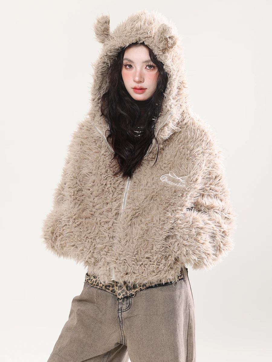 

Faionable Street Sle Lamb Fur Jaet Женское пальто с капюшоном на подкладке, милое пальто с кроличьими ушками, тонкая зима...