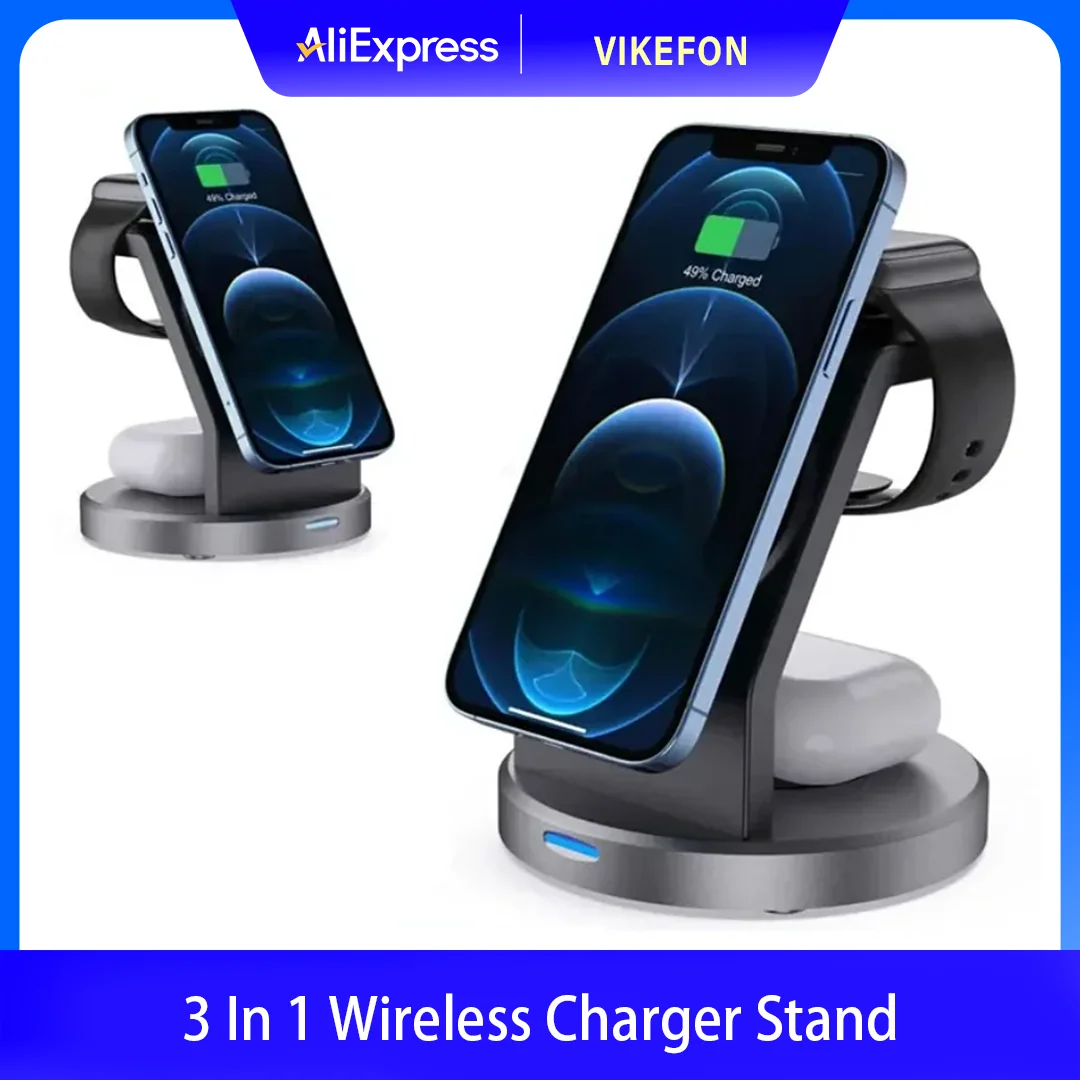 

Подставка для беспроводного зарядного устройства 3 в 1 для iPhone 17 16 15 14 13 12 Pro Max iWatch AirPods Станция для быстрой зарядки MagSafe
