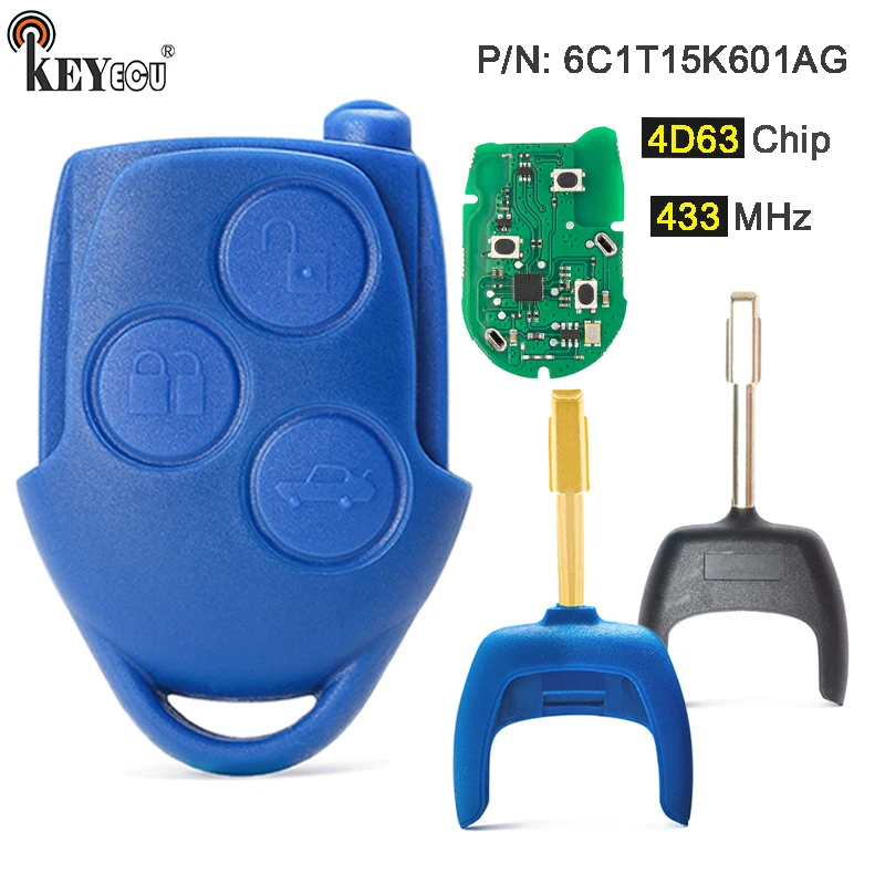 

KEYECU 433MHz 4D63 Chip P/N:6C1T15K601AG Replacement 3 Button Remote Car Key Fob for Ford Transit WM VM No/With Blade FO12