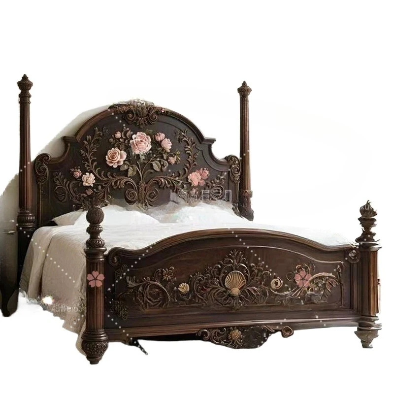 American solid wood carving flower villa model bedroom bed, French retro master bedroom wedding bed princess bed