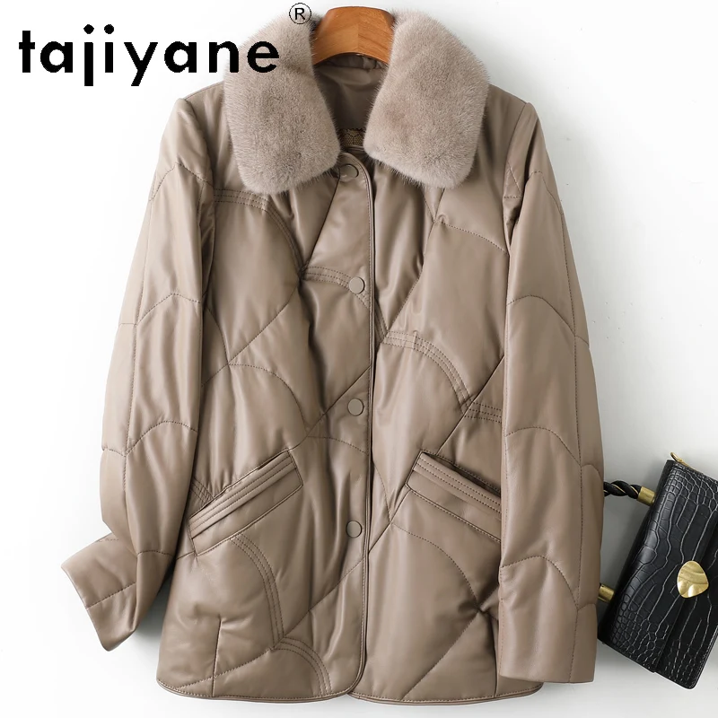 เสื้อแจ็คเก็ตขนเป็ดขาวแท้ 100% หนังแกะชั้นดี แบรนด์ TAJIYANE สำหรับผู้หญิง แจ็คเก็ตหนังแท้ทรงสั้น แต่งขนมิงค์ที่คอ ฤดูหนาว 2025