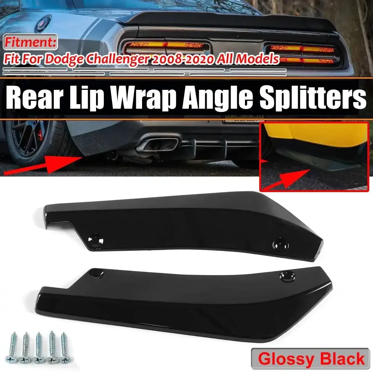 Universal 2pcs Bright Black Car Rear Bumper Diffuser Rear Lip Wrap Angle Splitters Fit For Dodge Challenger 2008-2020 Body Kit