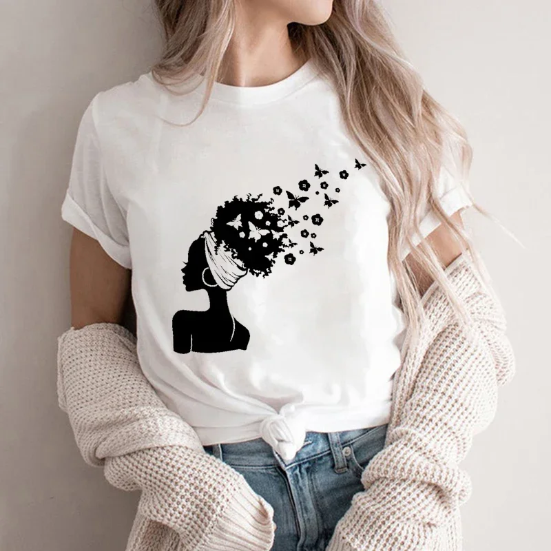 Afro Black Woman Butterfly Shirt for Women Melanin Black Girl T-shirts Afro Woman Tshirts Black Queen Tee Shirts Short Sleeve