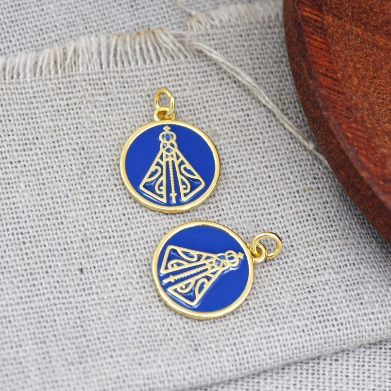 

2Pcs Copper Charms Enamel Coin Shape Circle Round Our Lady Of Aparecida Dark Blue Gold Color Pendant Jewelry