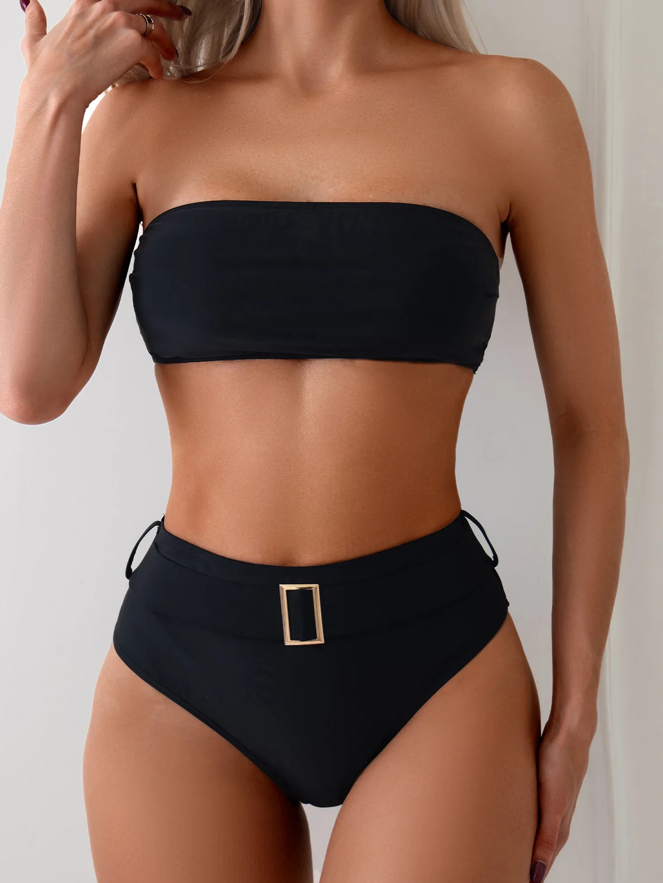 

Black Bandeau Bikinis 2024 High Waist Swimsuit Women Solid Swimwear Female Sexy Bathers Bathing Swimming Swim Suit Beachwear