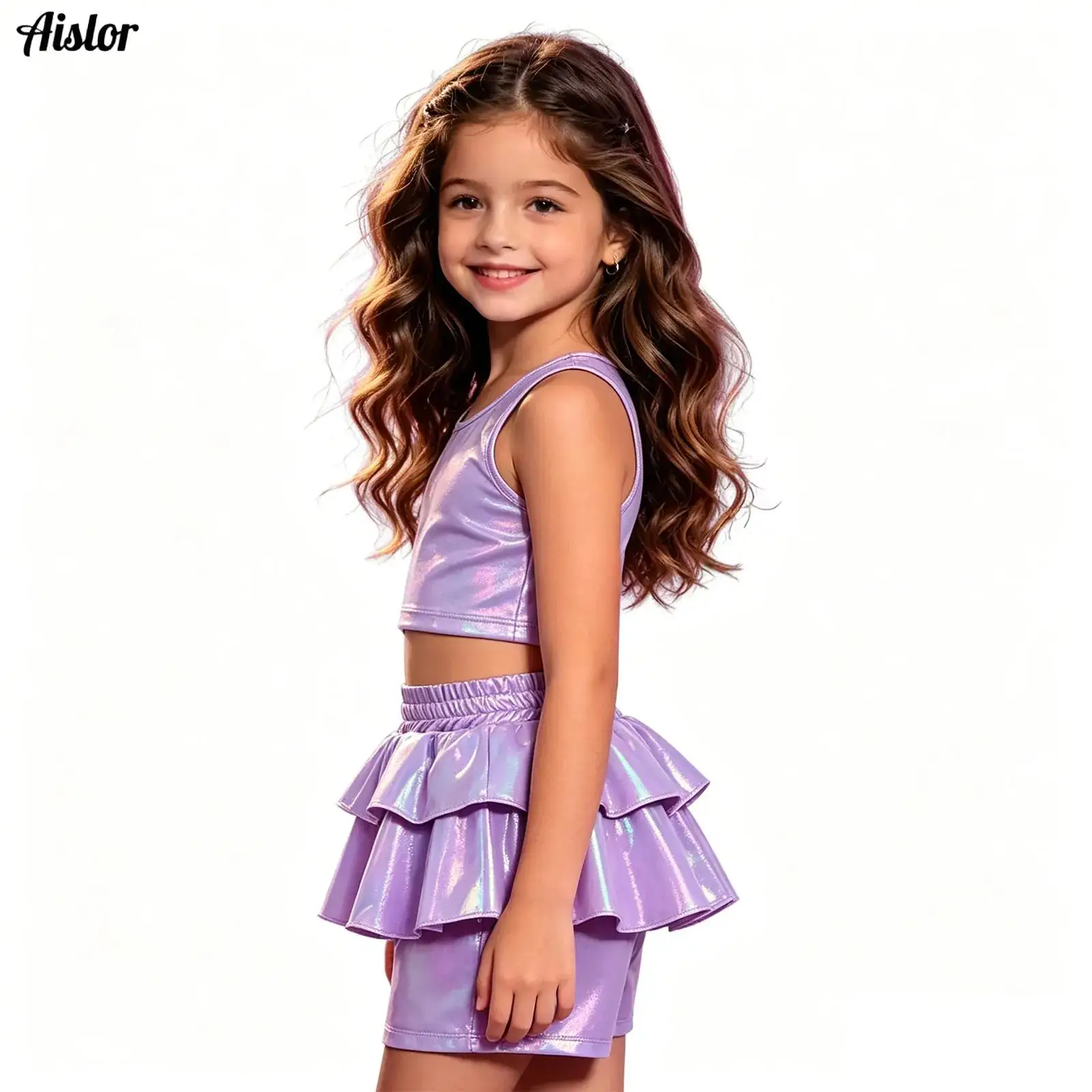 

Big Girls' Fashion Bright Shorts High Street Casual Shiny Metallic Ruffled Shorts Elastic Waistband Culottes Kindergarten