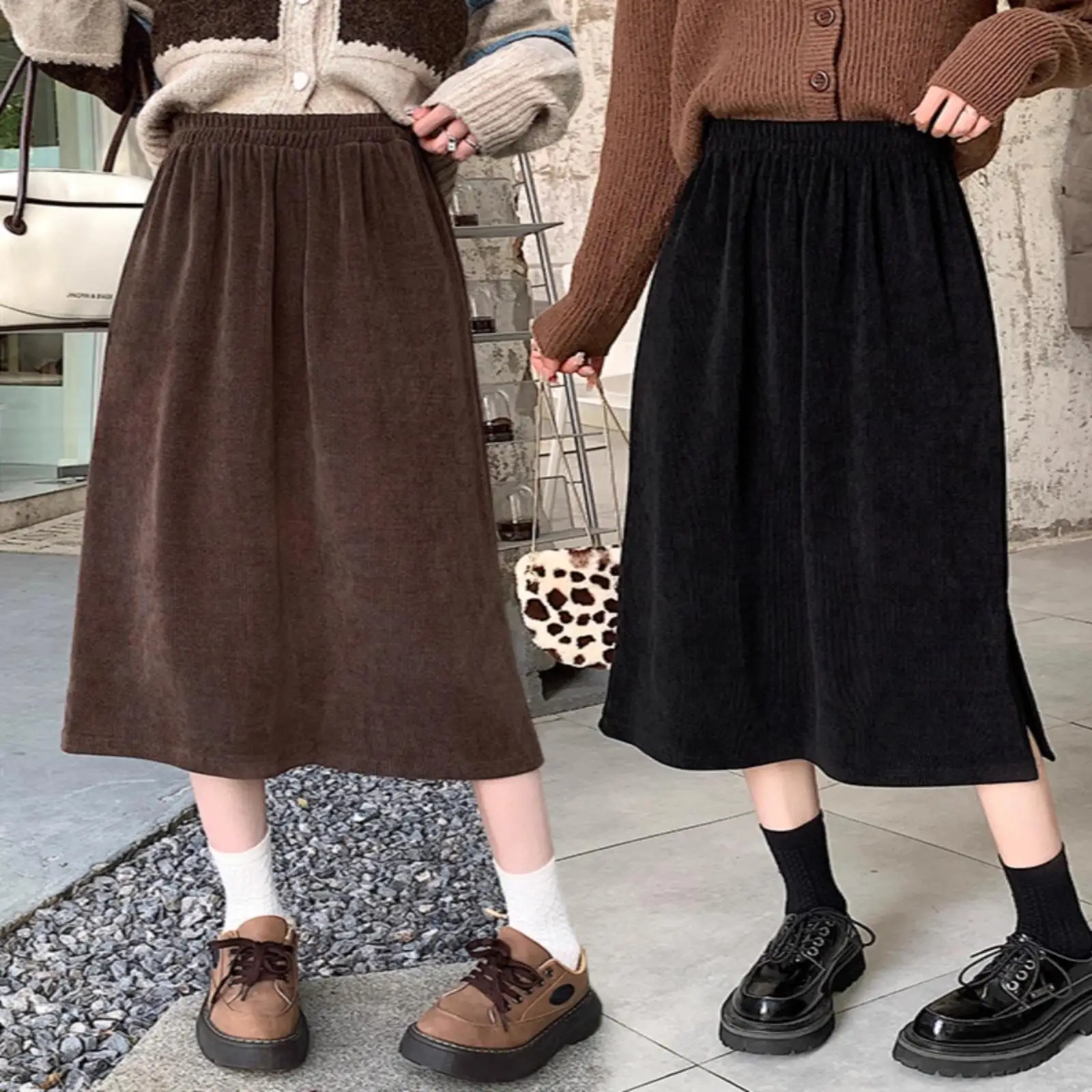 

Corduroy A-Line Skirt Women's Autumn Winter Small Size Ele Midi One-Step Skirt plus Size High Waist Slimming