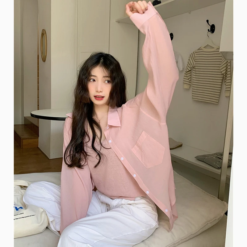 Korean Pink Sweet Short Summer Loose Thin Pocket Long Sleeve Female Casual Blouse Y2K Chic All Match Turn Down Collar Ladies Top